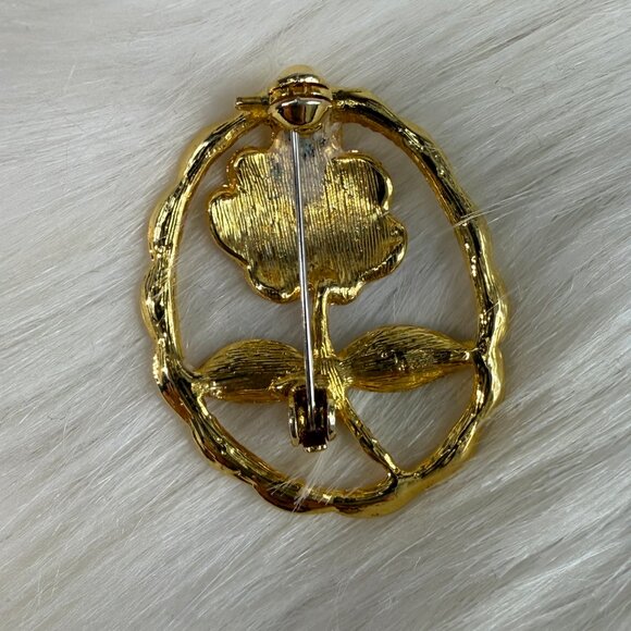 Vintage Enamel Gold Tone & Rhinestone Oval Flower Floral Brooch Pin - Picture 3 of 5